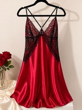 In Bloom by Jonquil Red Satin Black Lace Chemise Slip Nightgown L